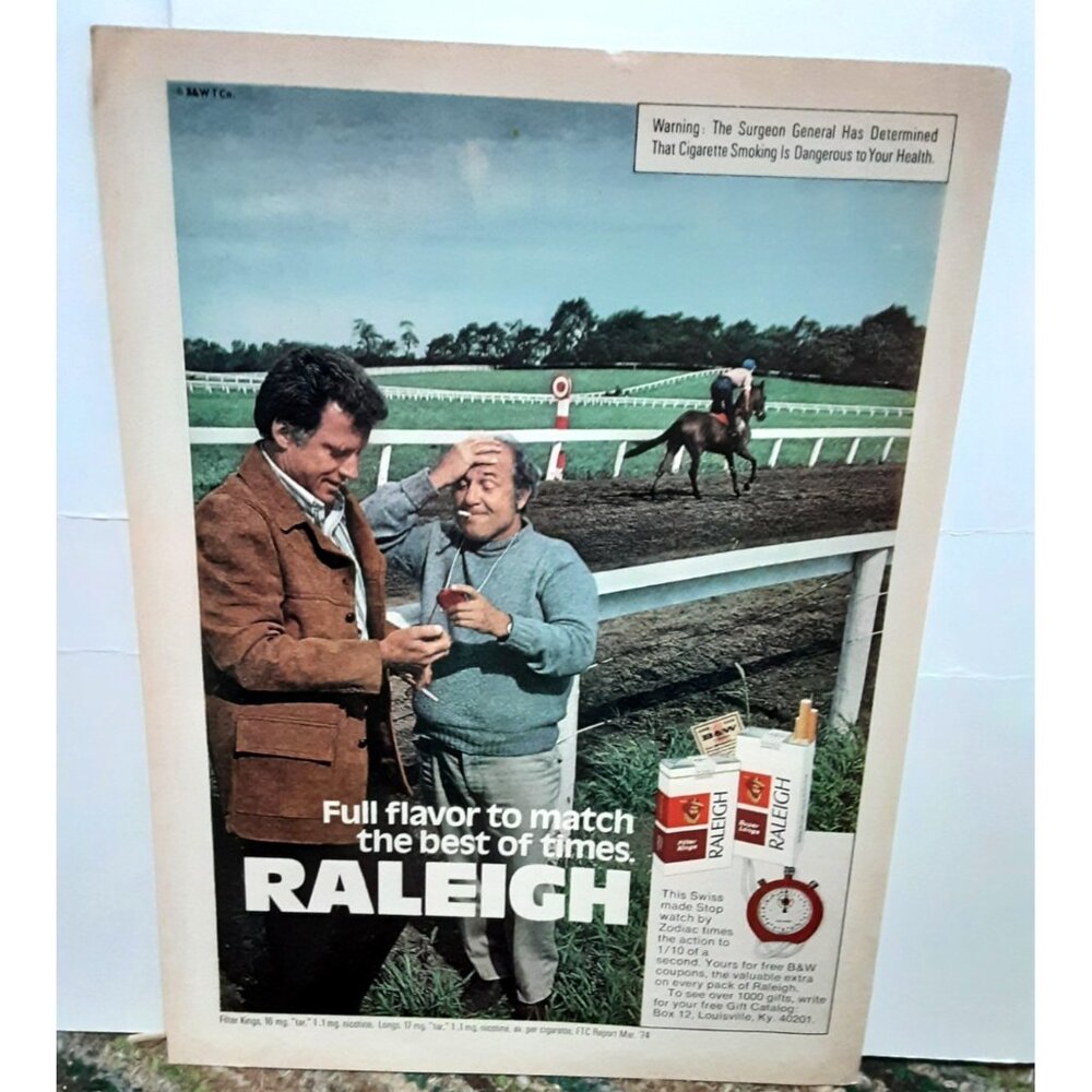 1974 Raleigh Print Ad Cigarettes Horse Track Stopwatch Promo Vintage Tobacco